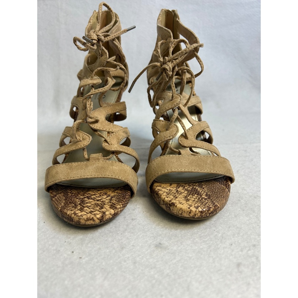 Boho Chic a.n.a Women 7.5M Tan Strappy Snakeskin Gladiator Lace Up Stiletto Heel - Picture 9 of 9